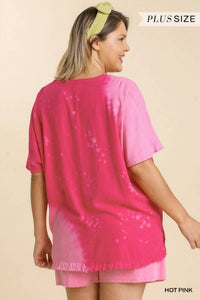 Linen Blend Bleach Dip Dye V-Neck Top With Fringe Hems Plus
