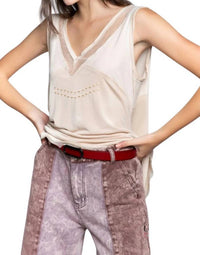 Lalavon - Lannie Sheer Lace Trim Sleeveless Top