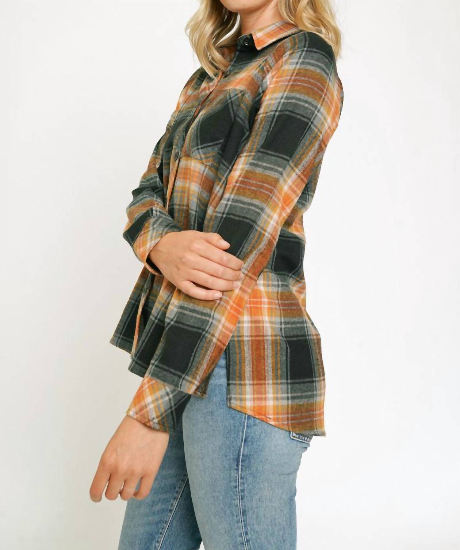 mystree Washed Flannel Shirt in black - women's long sleeve top - view 4