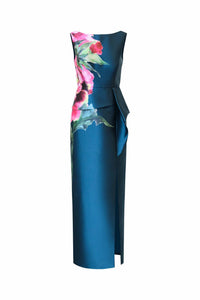 Kay Unger Luciana Column Gown with Flower in blue opal - women's dress - view 4
