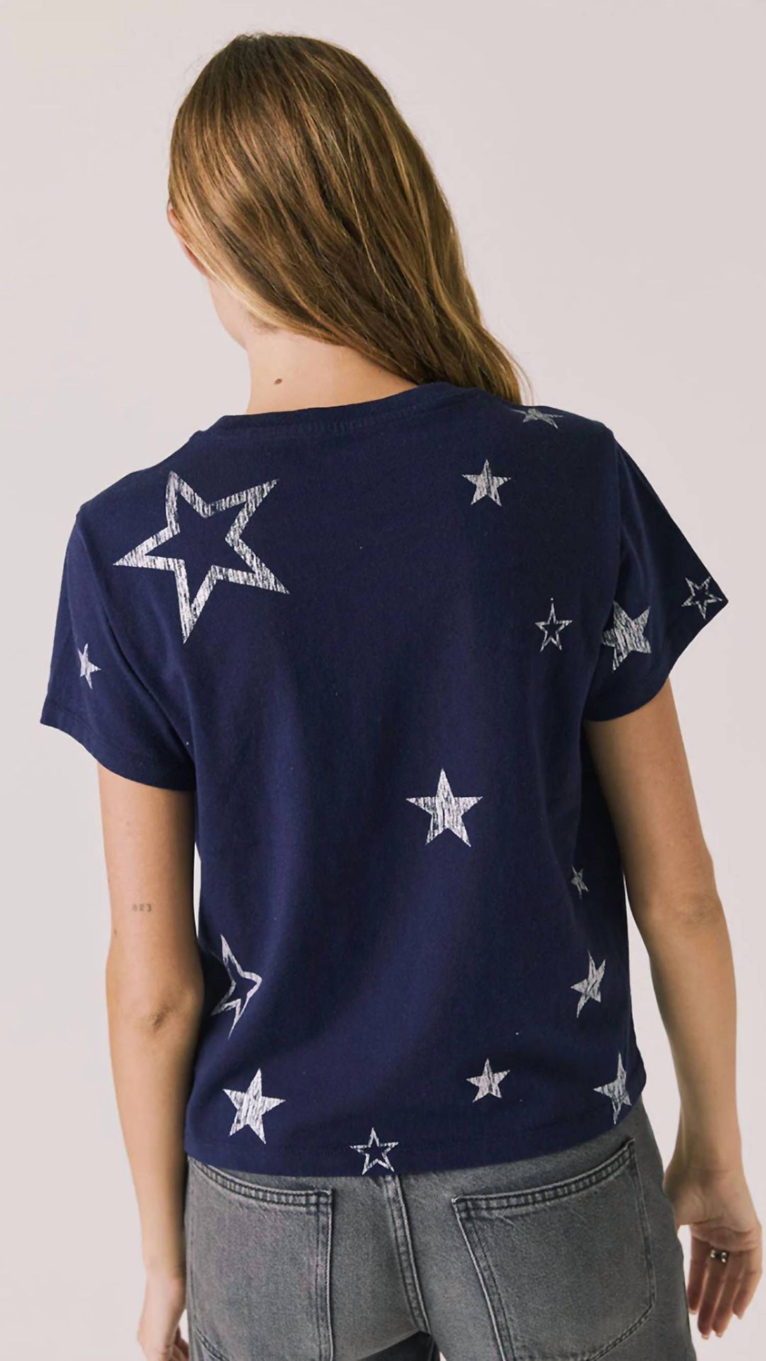 Chaser All Over Distressed Stars Tee in blue - women's t-shirt - detail view