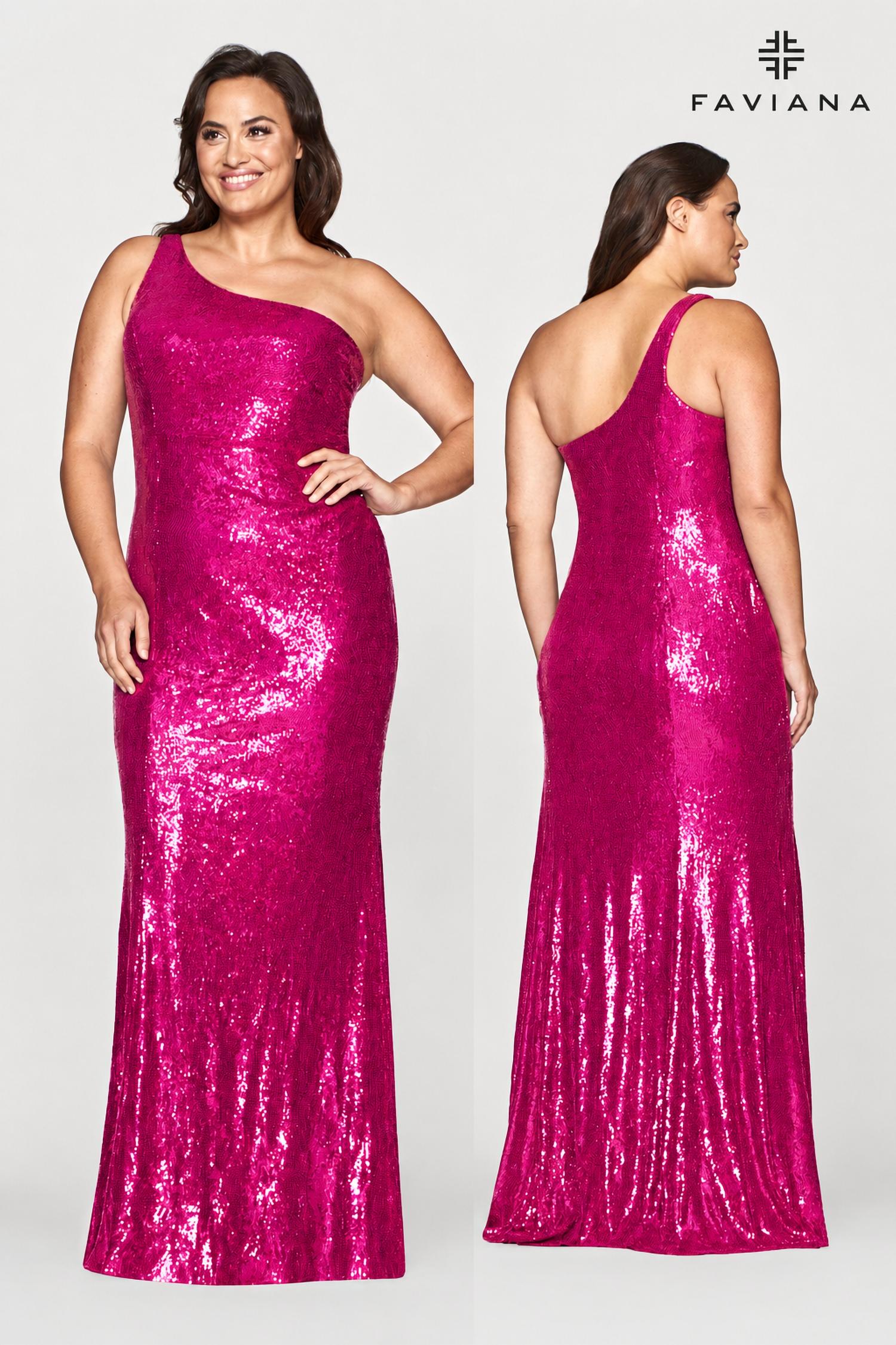 Faviana - One Shoulder Long Dress With Sequins - Plus
