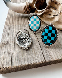 Boho Ranch Women's Checkered Oval Cuff Ring in black turquoise - women's jewelry - alternate view