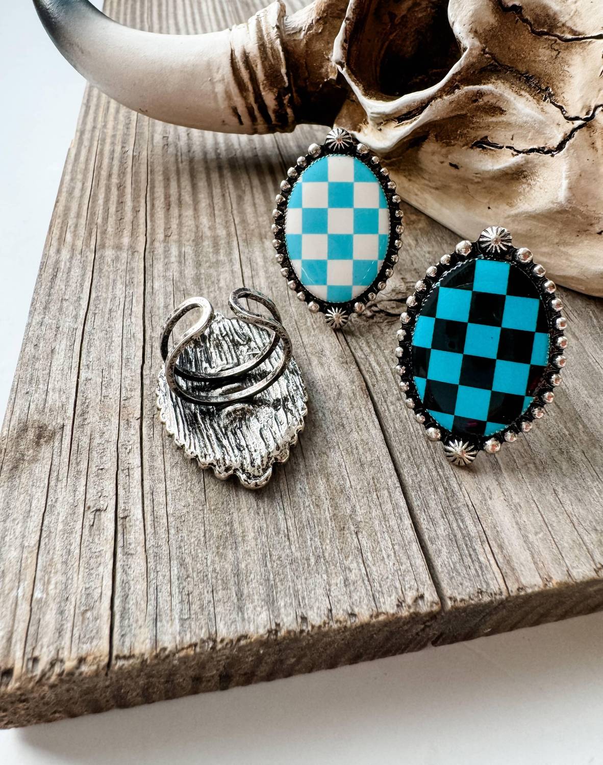 Boho Ranch Women's Checkered Oval Cuff Ring in black turquoise - women's jewelry - alternate view
