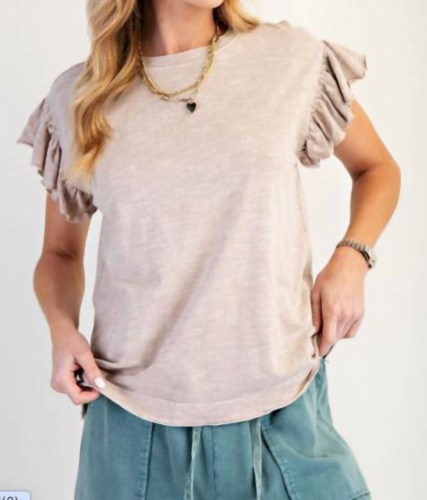 Easel - Wing Sleeves Cotton Slub Mineral Washed Knit Top