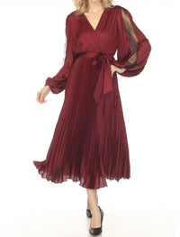 Joseph Ribkoff Pleated Satin Belted Midi Fit And Flare Dress in merlot - women's dress