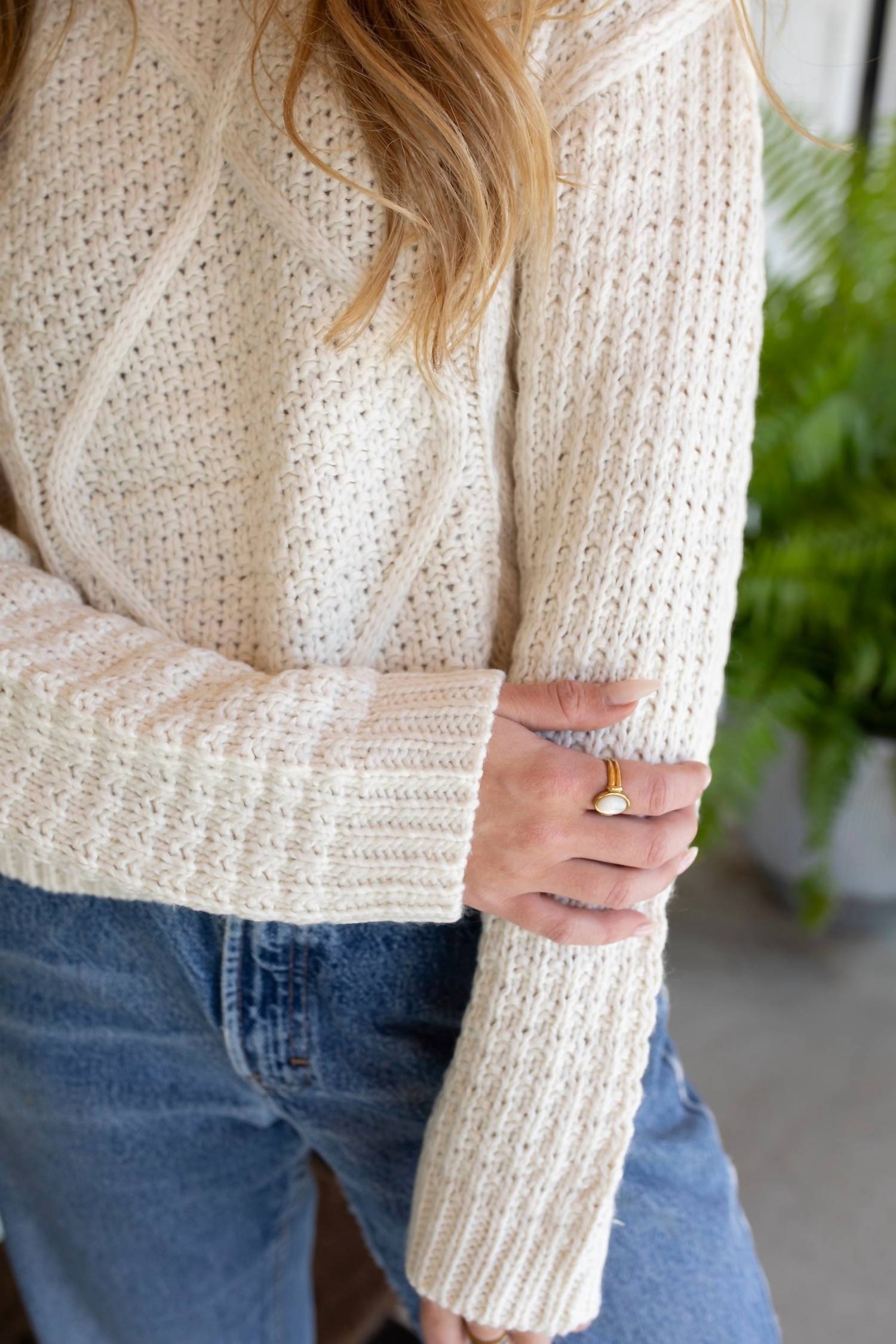 GRADE & GATHER Classic Cable Knit Sweater in ivory - women's sweater - detail view