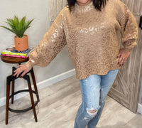 And The Why - Metallic Rose Gold Taupe Leopard Print Balloon Sleeve Sweater