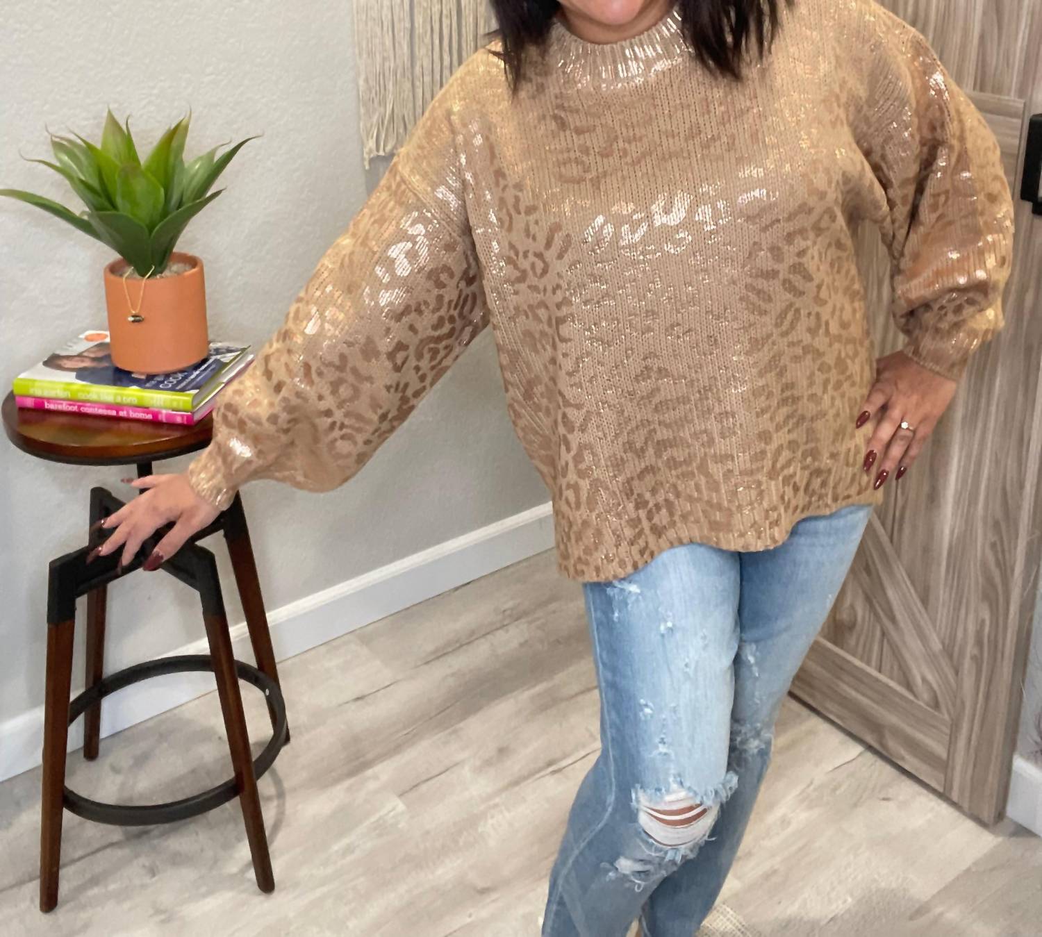 And The Why - Metallic Rose Gold Taupe Leopard Print Balloon Sleeve Sweater