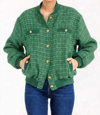 Surelymine - Long Sleeve Button Closure Pockets Tweed Shimmer Jacket