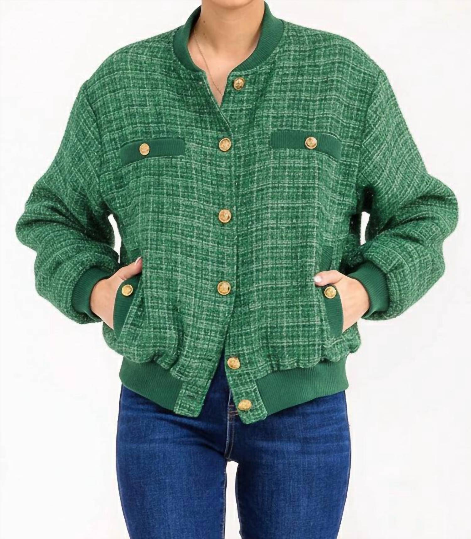 Surelymine - Long Sleeve Button Closure Pockets Tweed Shimmer Jacket