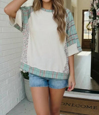 Haptics - Oversized Plaid And Floral Color Block Top