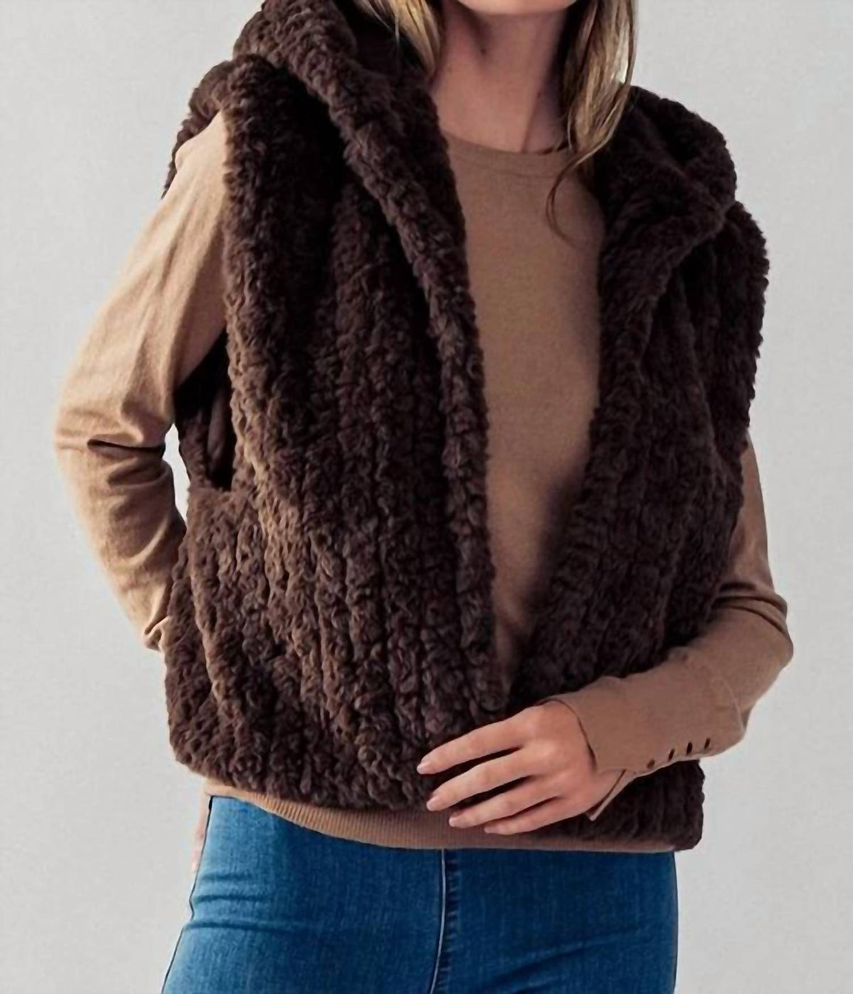 Trend:Notes - Sleeveless Open Front Sherpa Fleece Vest With Hoodie