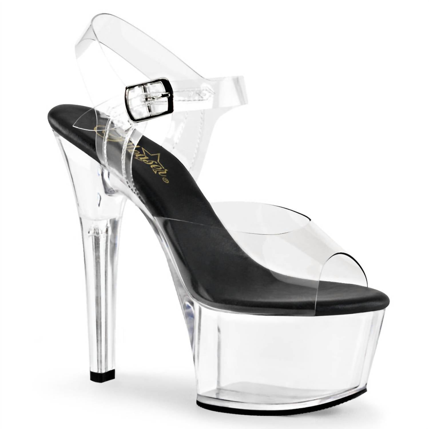Pleaser Women's Aspire-608 Ankle Strap Sandal in black clear - women's sandal