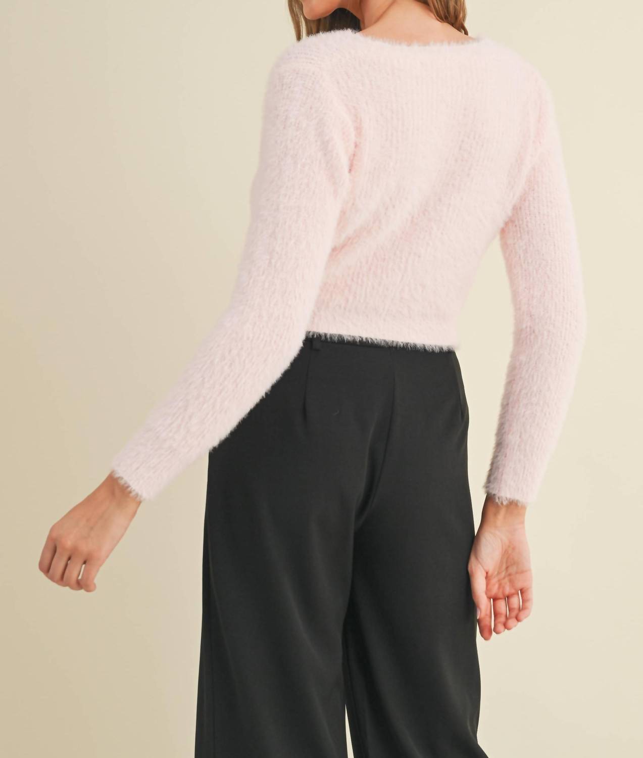 Cloud Ten Fuzzy Knit Crop Cardigan in light pink - women's cardigan - detail view