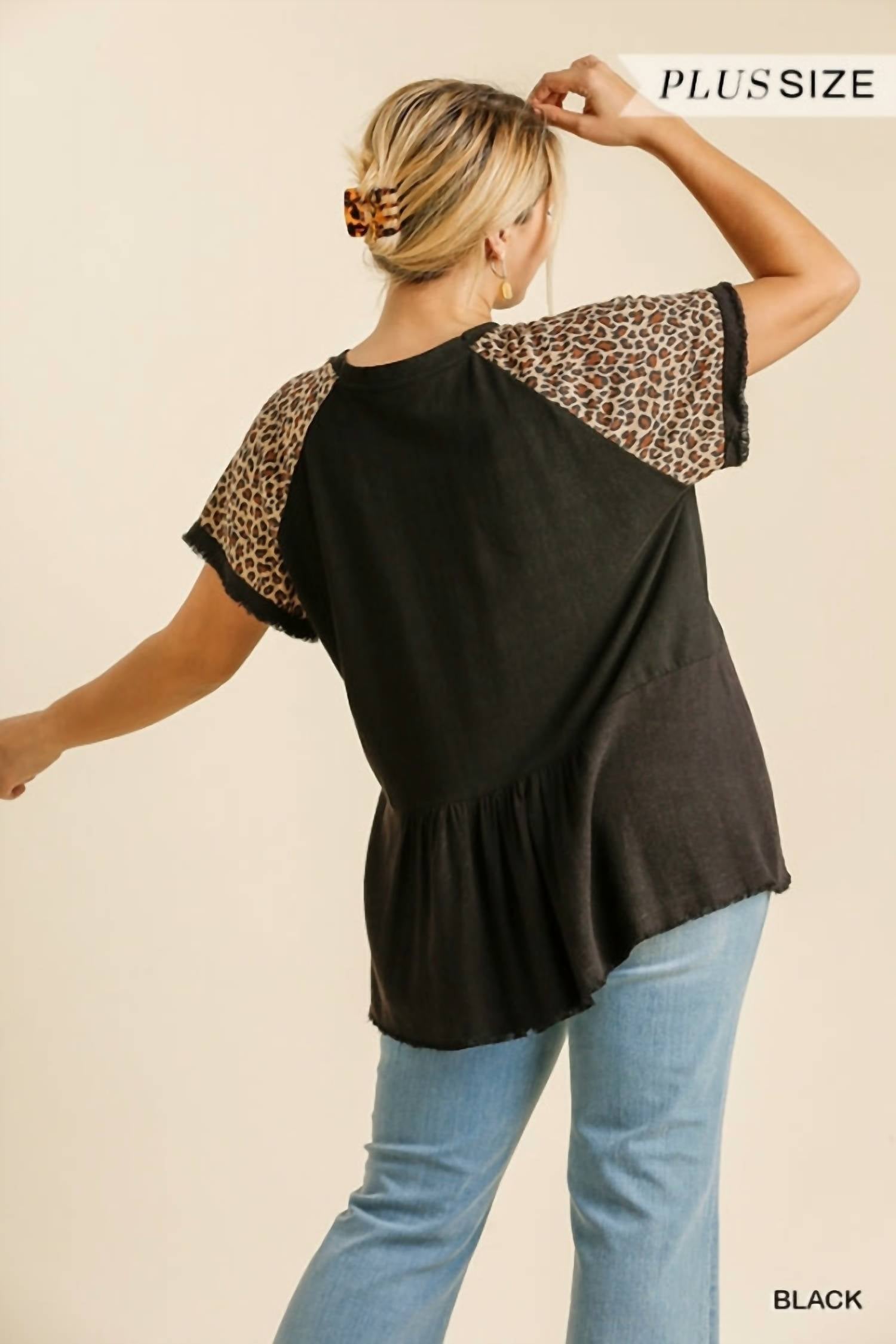 Umgee - Leopard Sleeve Babydoll Top - Plus