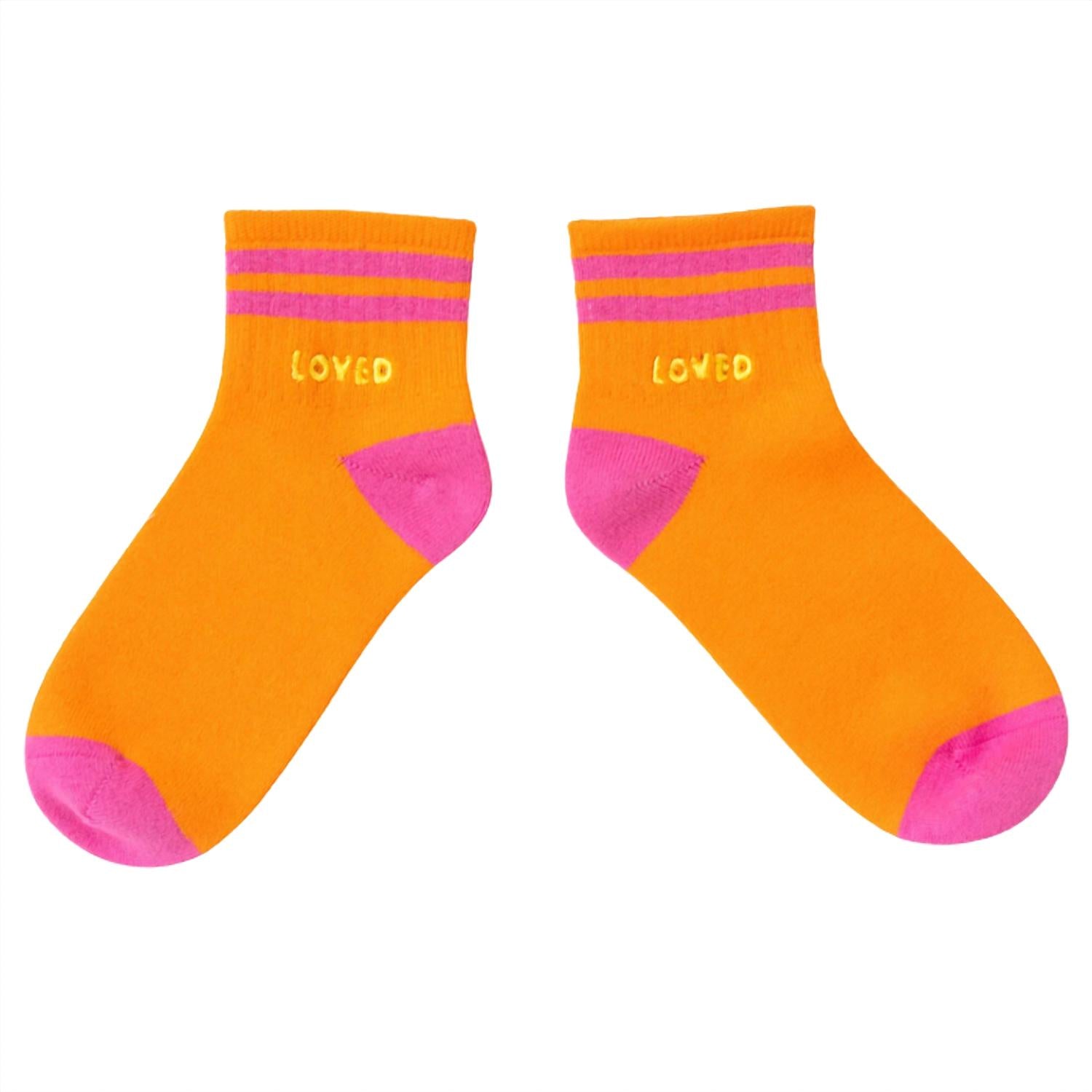 KERRI ROSENTHAL Women's Good Morning Loved Ankle Socks in neon orange - women's accessory - detail view