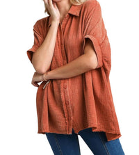 Umgee - Cotton Gauze Mineral Wash Button Down Top