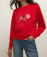 Z Supply Women's First Date Sweatshirt in kiss me red - women's top - detail view