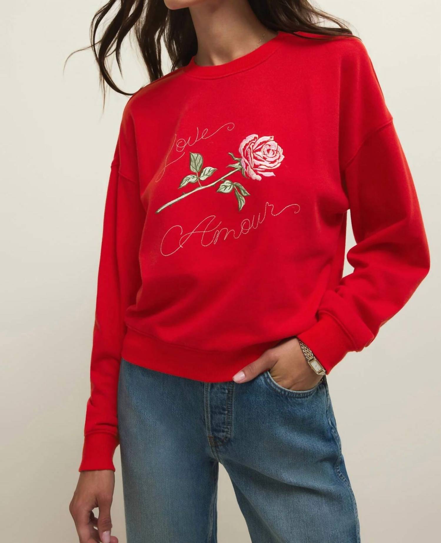 Z Supply Women's First Date Sweatshirt in kiss me red - women's top - detail view