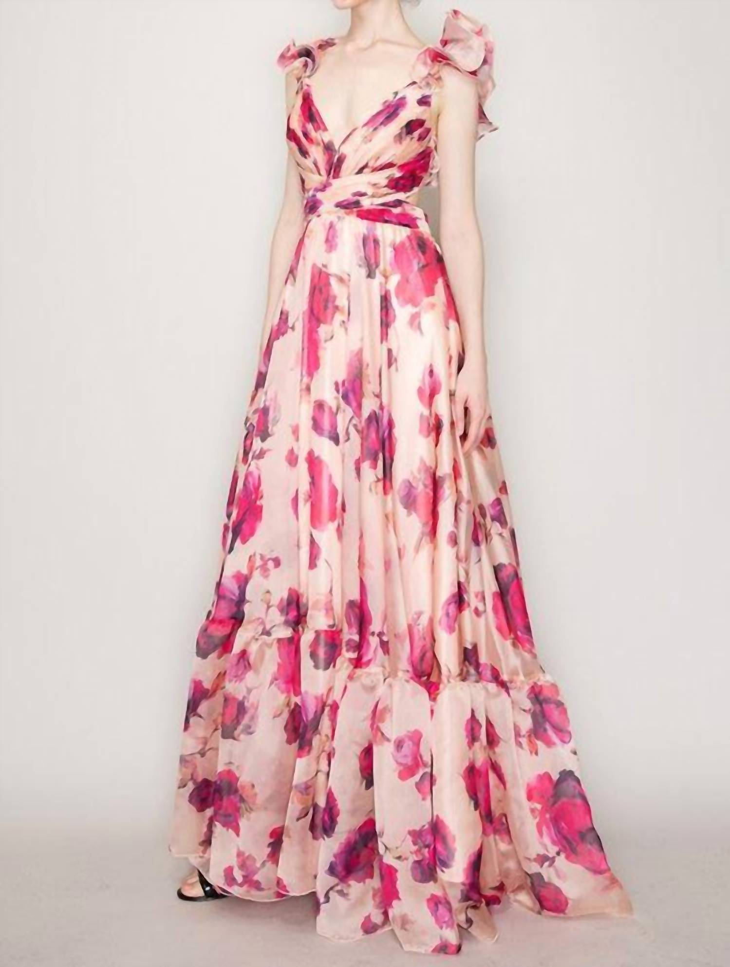 INA Fashion Organza Ruffle Shoulder Dress in apricot - women's dress - detail view