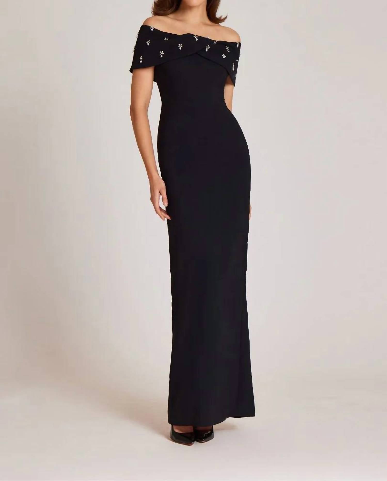 Teri Jon Crepe Off The Shoulder Jewel Trim Portrait Column Gown in black - women's dress