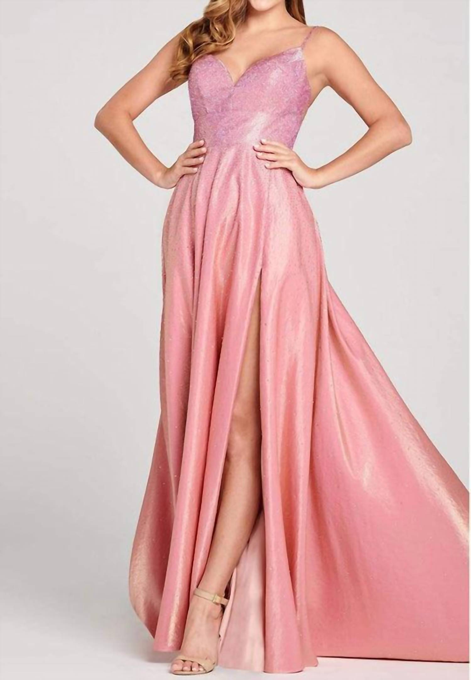 Ellie Wilde Strappy Open Back Crystal Studded Satin Prom Gown in pink lemonade - women's dress