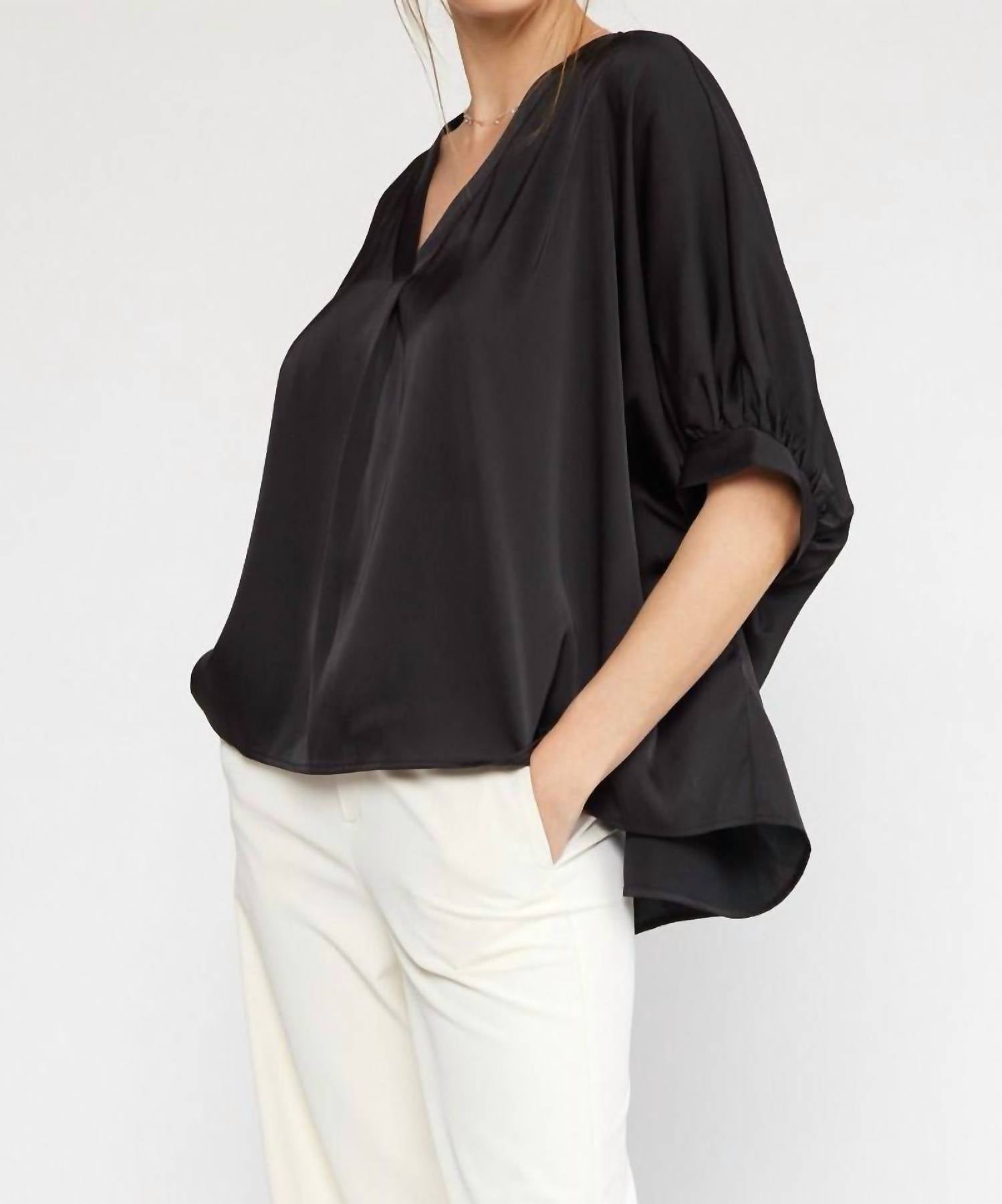 Entro - Satin V-neck Placket Blouse - Plus