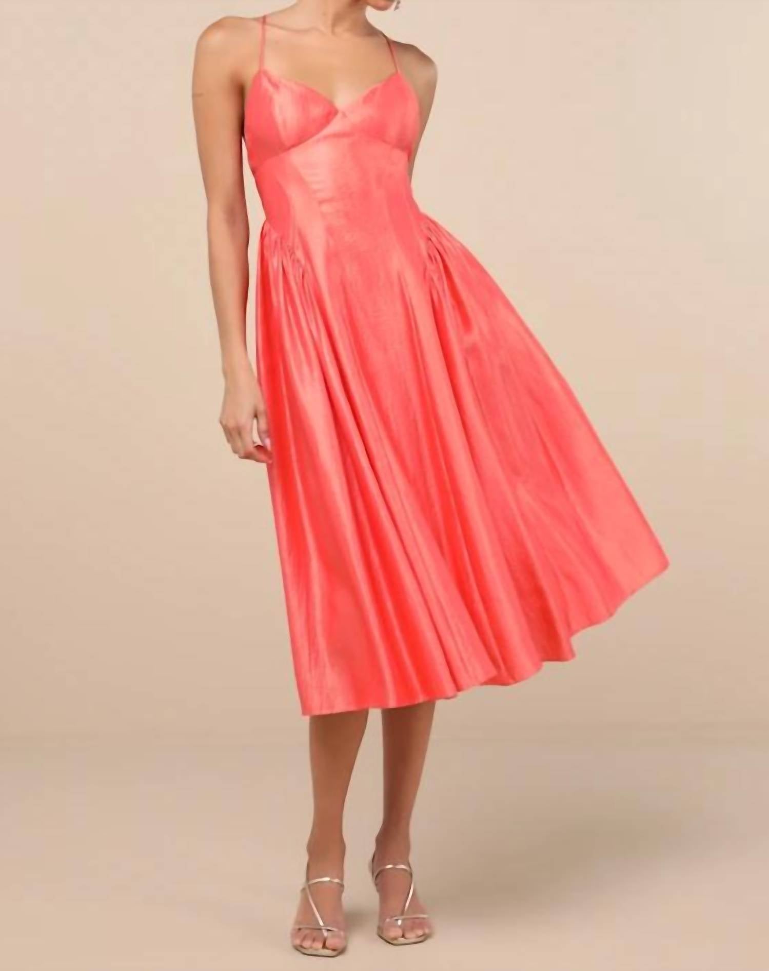 Lulus Paride Shiny Gathered Lace-up Midi Dress in coral - women's dress