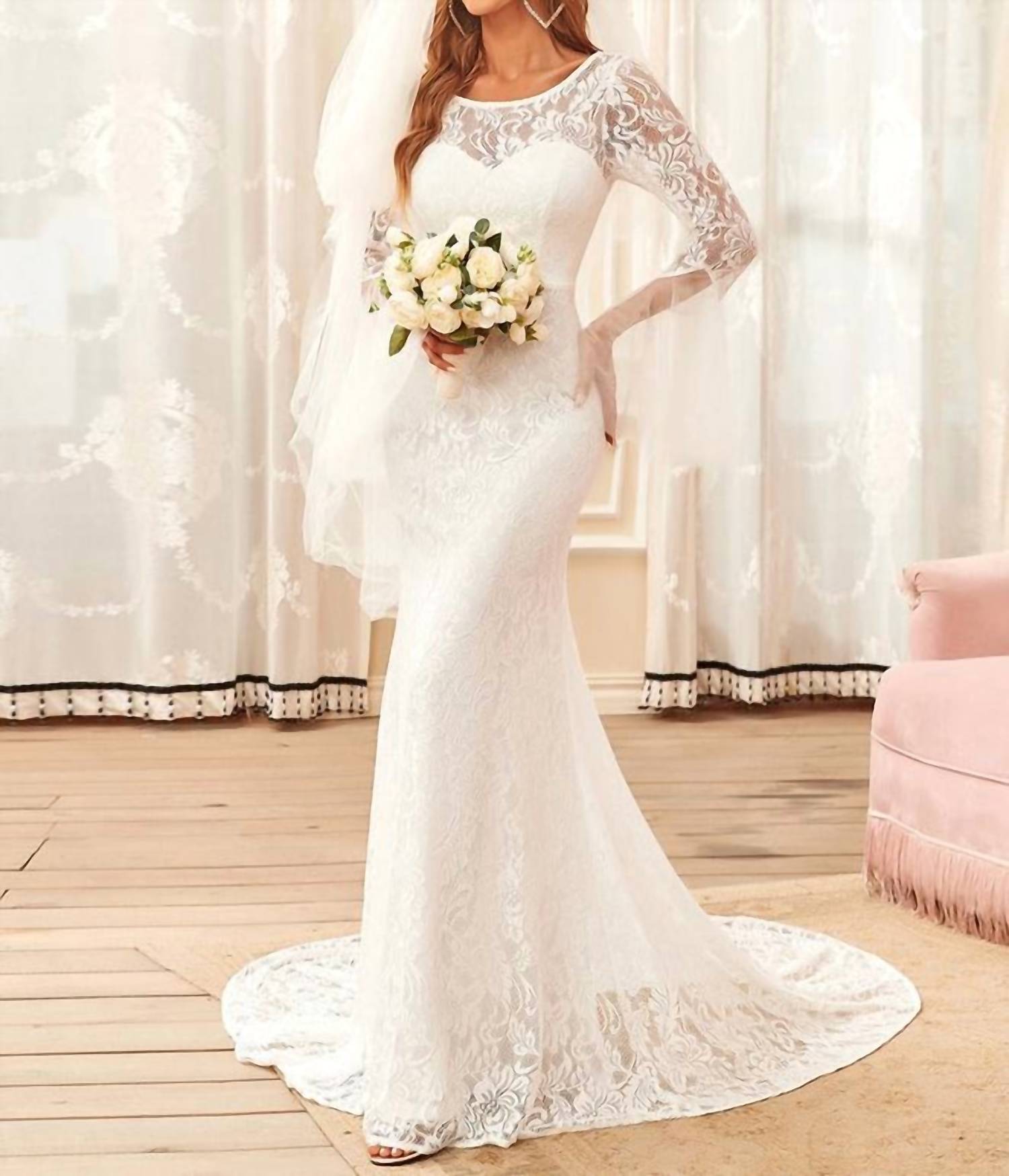 Ever-Pretty - Round Neck Long Pagoda Sleeves Wedding Dress