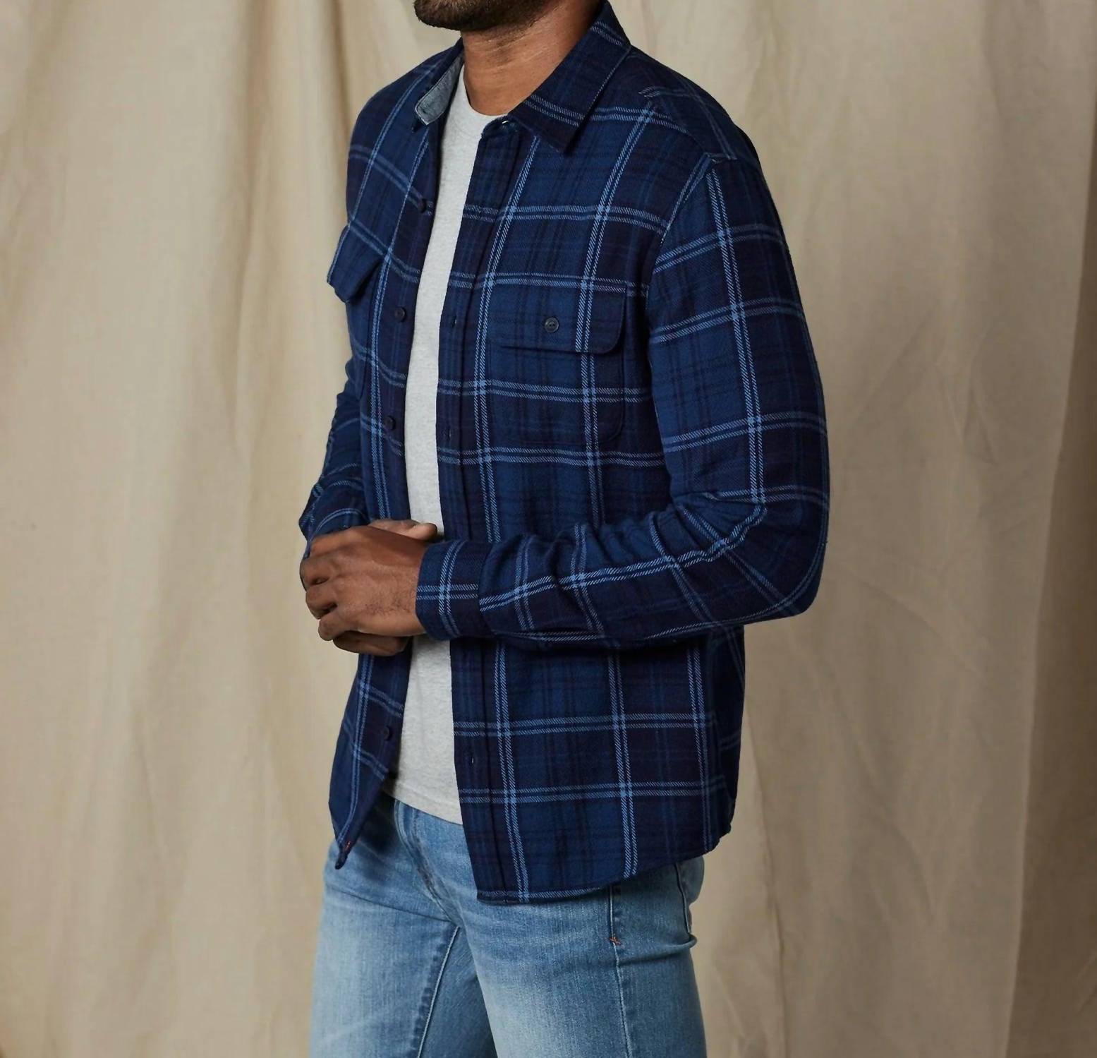 The Normal Brand Mountain Overshirt in indigo plaid - men's shirt - detail view
