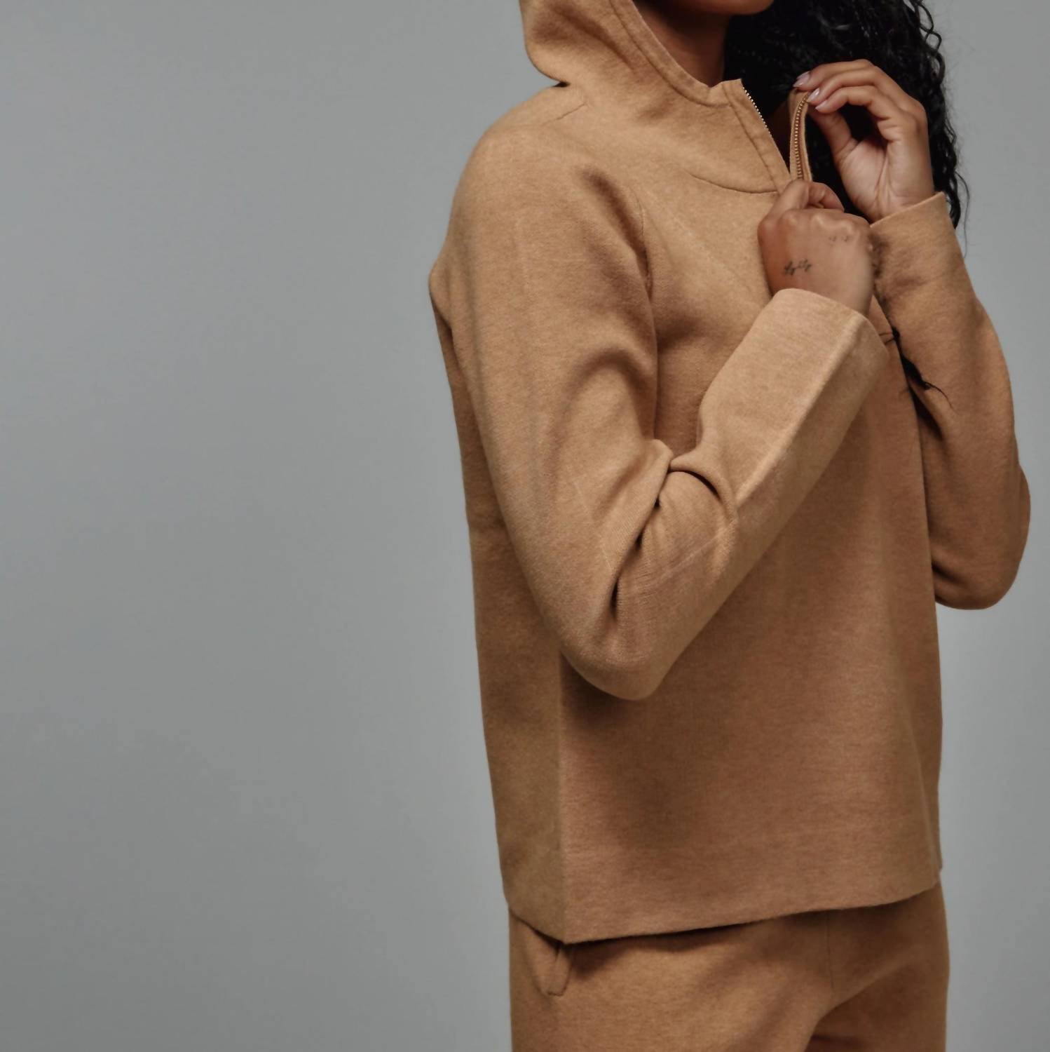 7Diamonds Zoe Half-zip Hoodie in camel - women's top - detail view