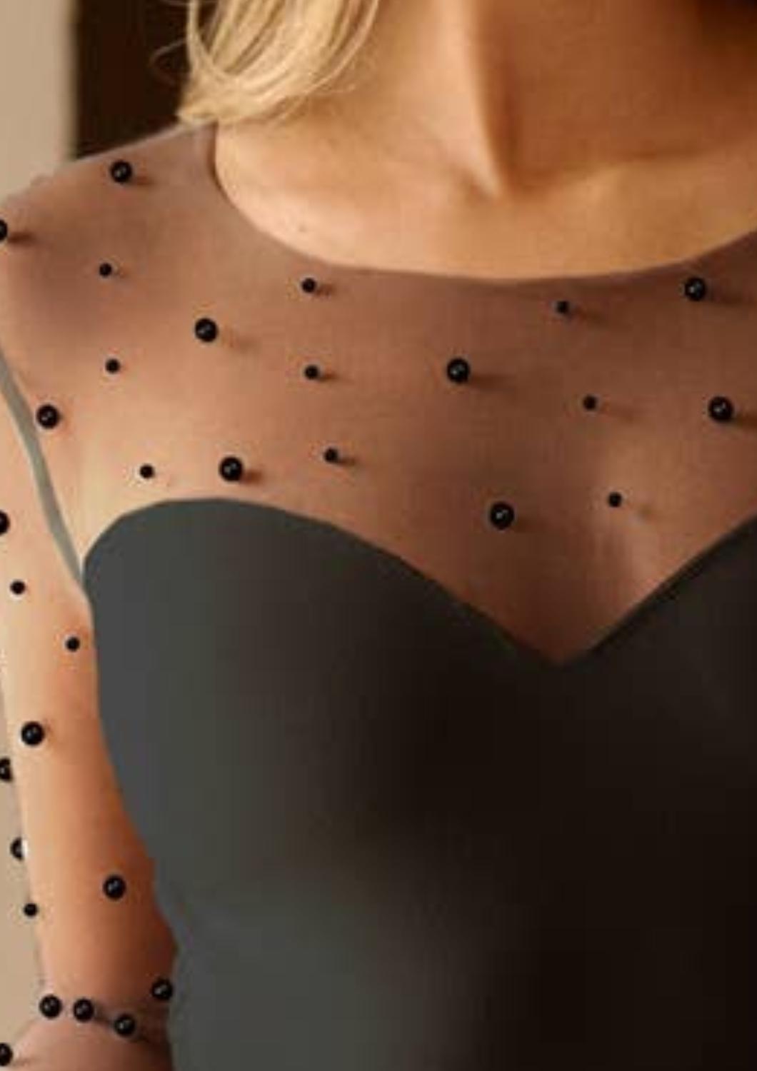 Endless Blu. - Embellished Mesh Pearl Long Sleeve Bodysuit
