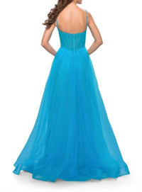 La Femme Tulle A-Line Corset Gown in aqua - women's dress - detail view