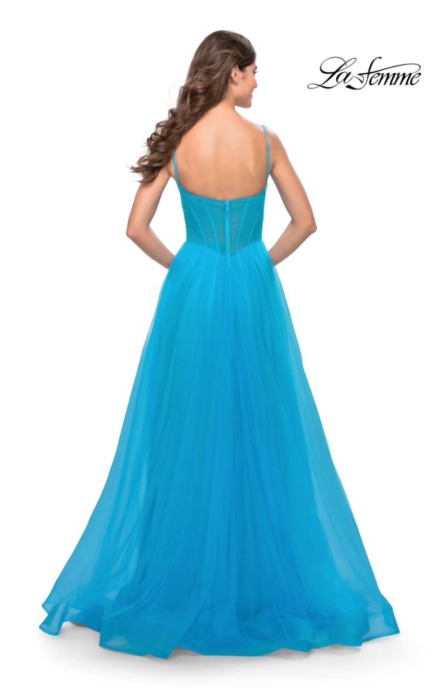 La Femme Tulle A-Line Corset Gown in aqua - women's dress - alternate view