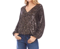 Karen Kane Blouson Sleeve Sequin V-Neck Top in brown - women's blouse - detail view
