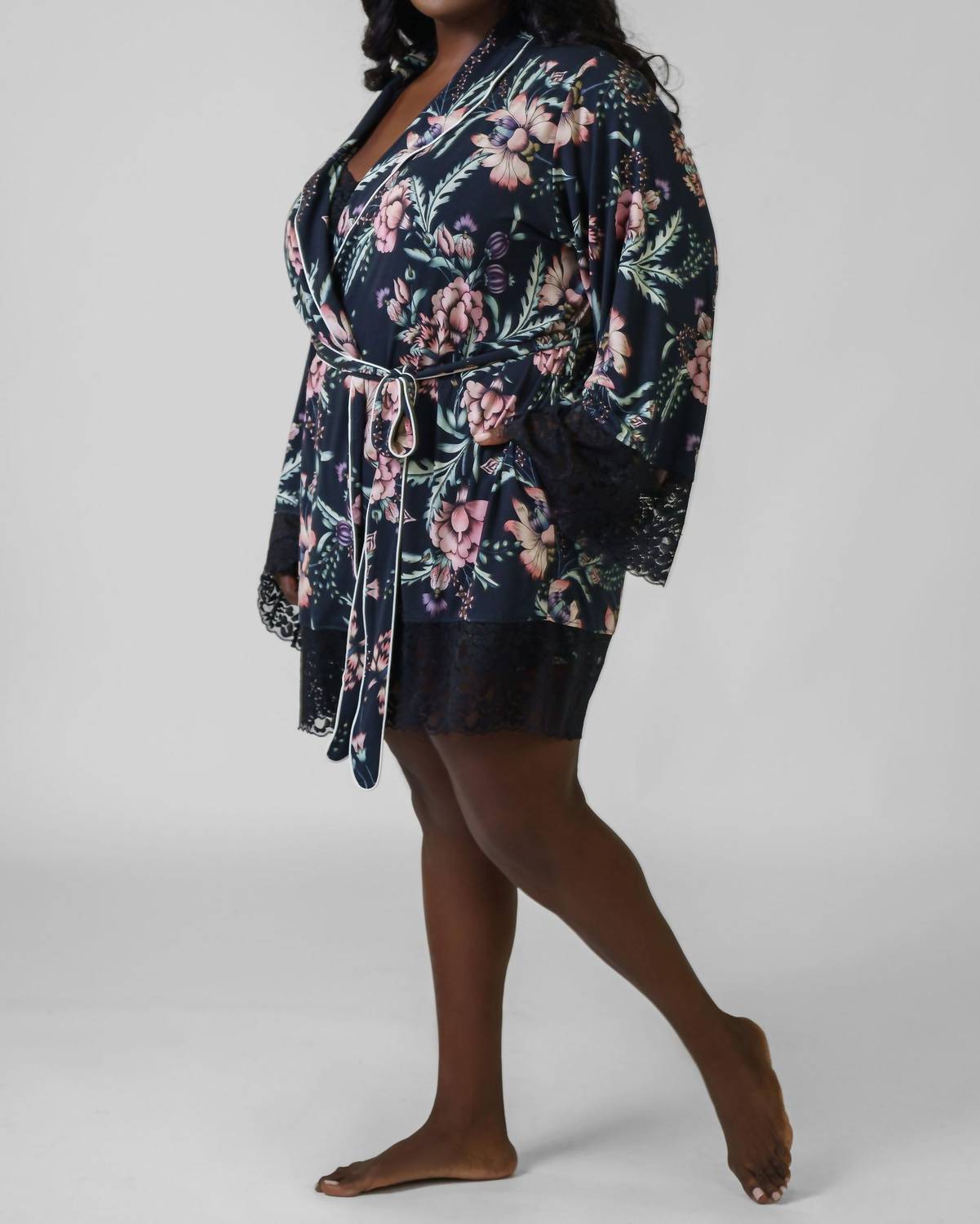 Kilo Brava - Satin & Lace Long Sleeve Short Robe - Plus