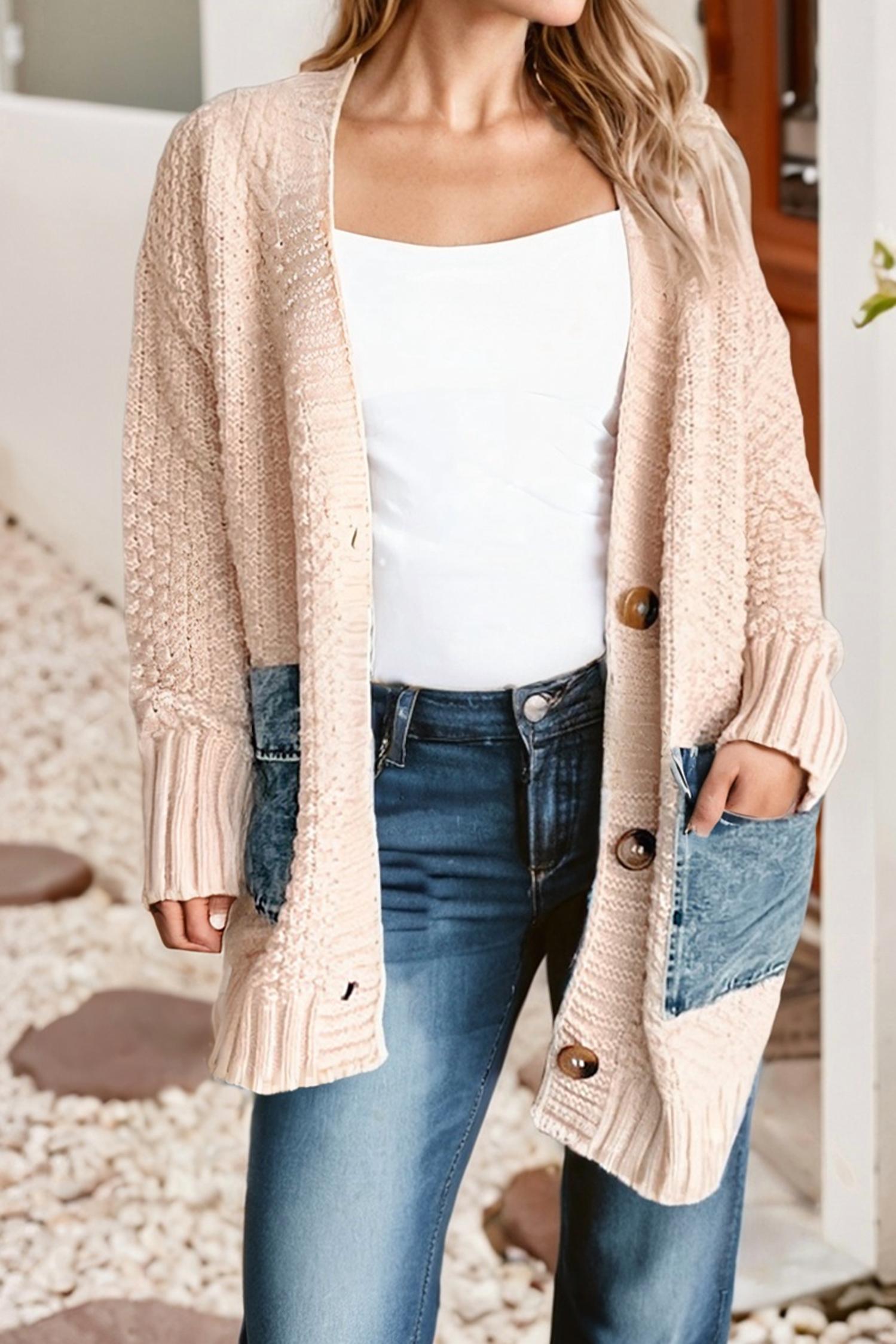 Little Daisy Closet Denim Pockets Cardigan in soft bronze - women's cardigan