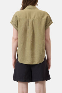 CLOSED Linen Sleeveless Button Up Shirt in chino green - women's t-shirt - detail view