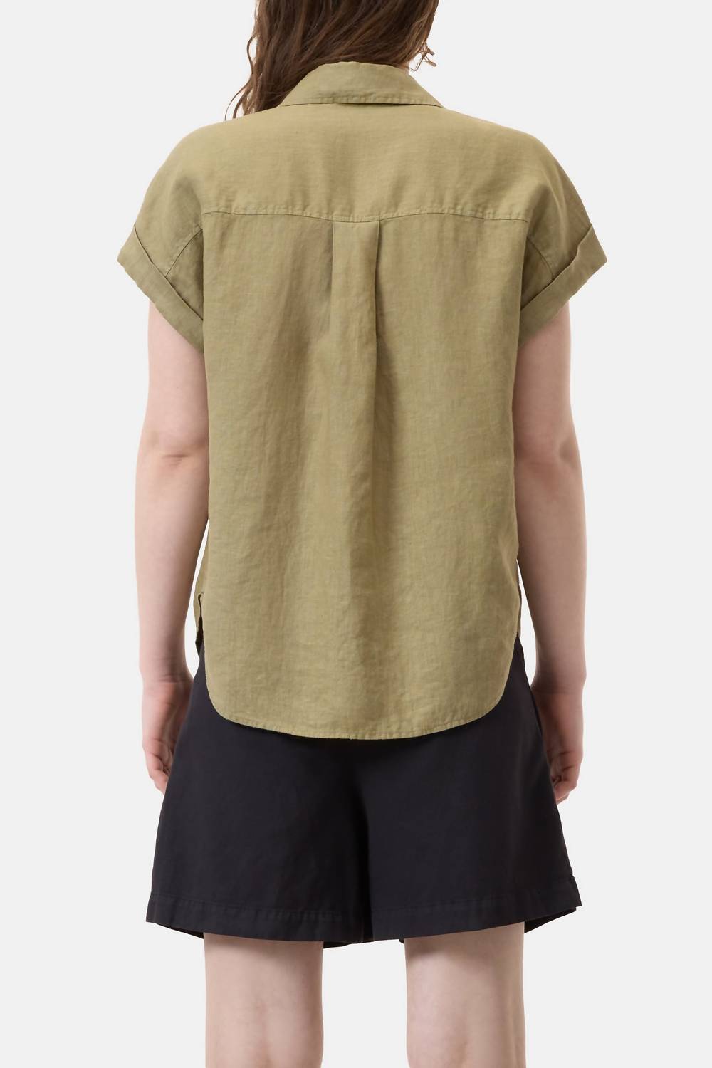 CLOSED Linen Sleeveless Button Up Shirt in chino green - women's t-shirt - detail view