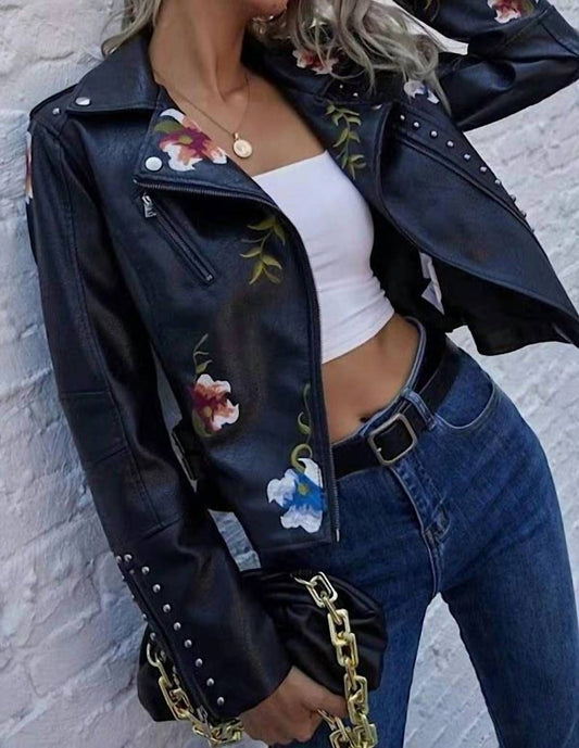 Miss Sparkling - Faux Leather Floral Jacket