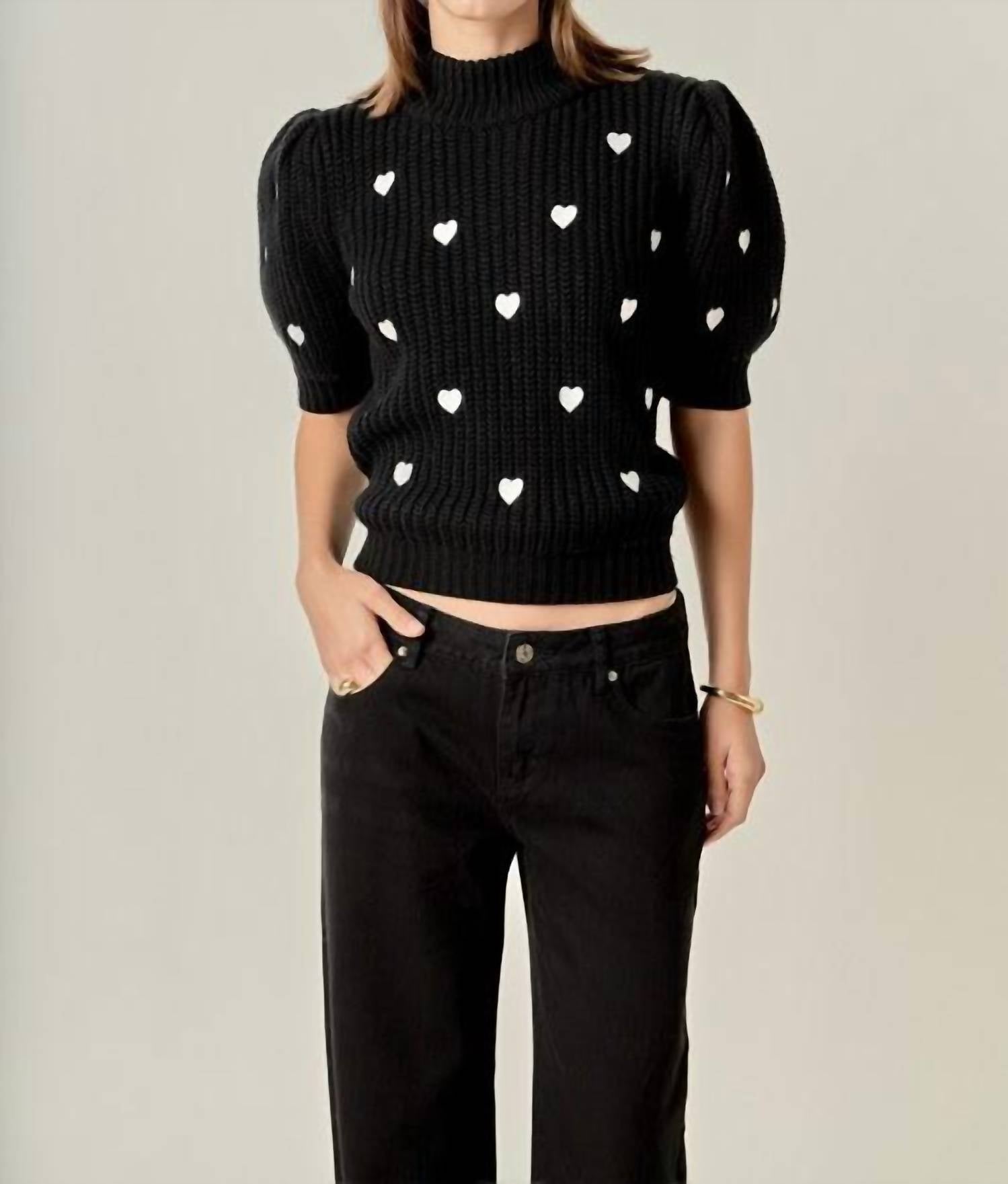 English Factory Embroidered Heart Sweater in black - women's sweater - detail view