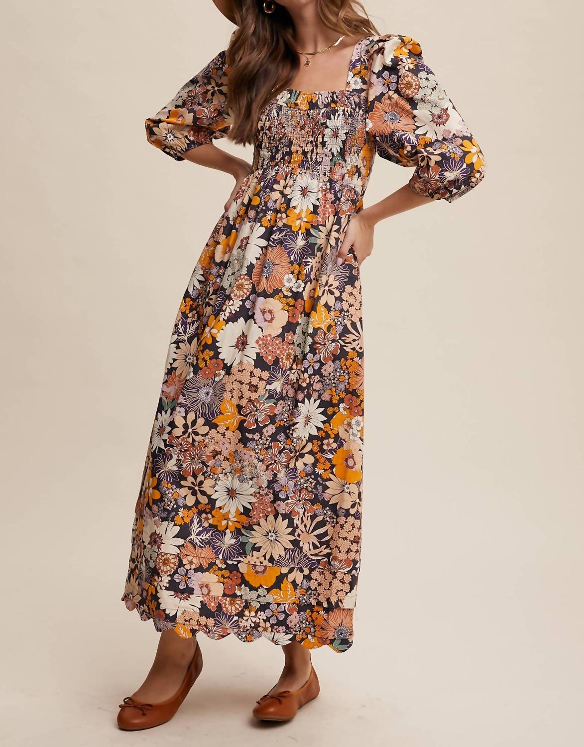 Listicle - Floral Smocked Puff Sleeve Maxi Dress