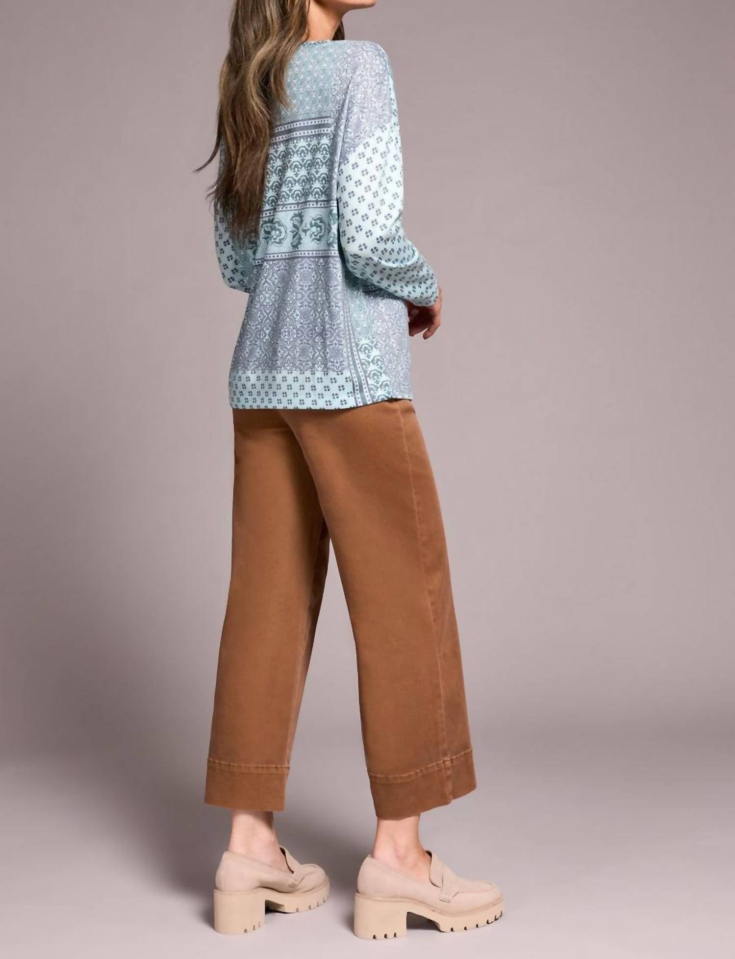 TRIBAL Crew Neck Combo Long Sleeve Top in pastel teal - women's long sleeve top - detail view
