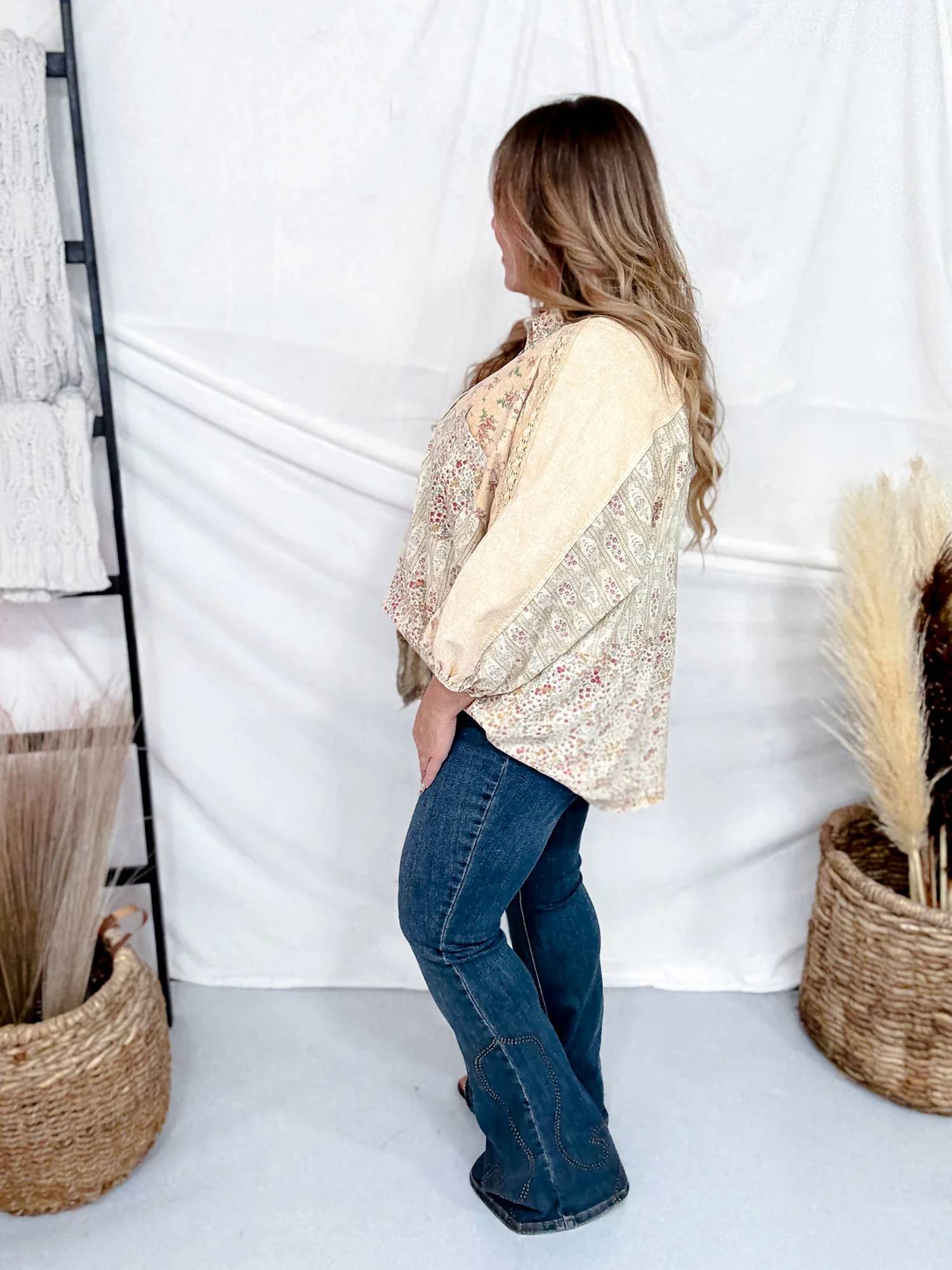 Easel - Mineral Washed Patchwork Floral Print Button Down Top