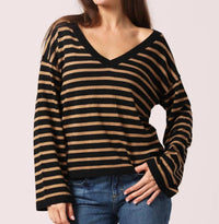 Minnie Rose - Striped Wide V Neck Sweater