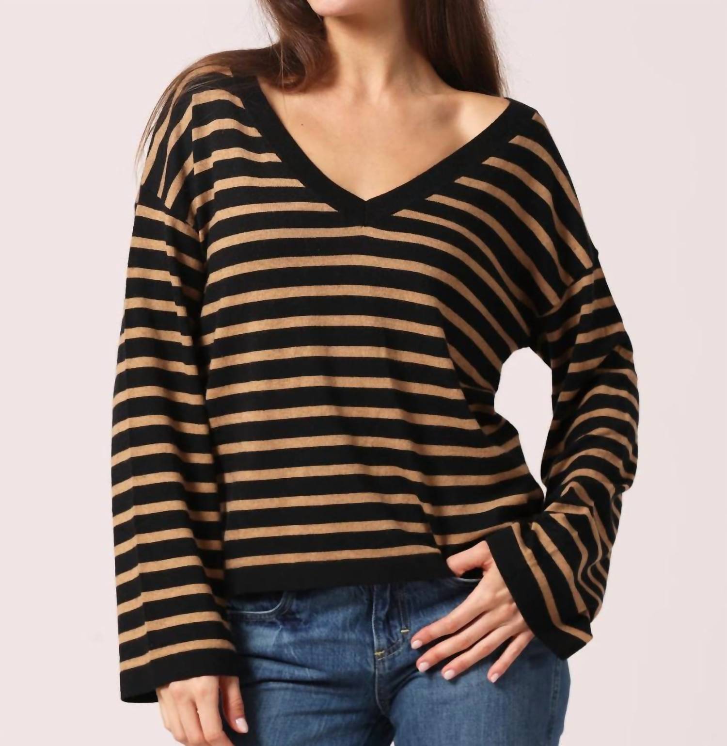 Minnie Rose - Striped Wide V Neck Sweater