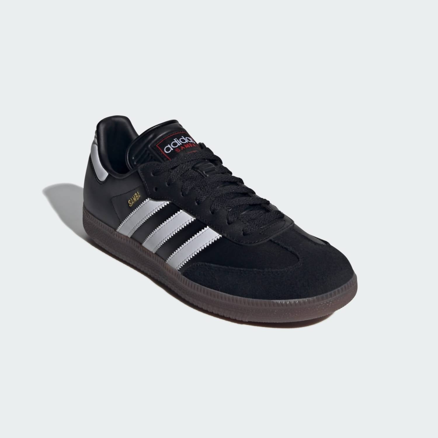 adidas Men’s Samba Leather Indoor Soccer Classic Sneakers in core black cloud white vivid red - men's shoe