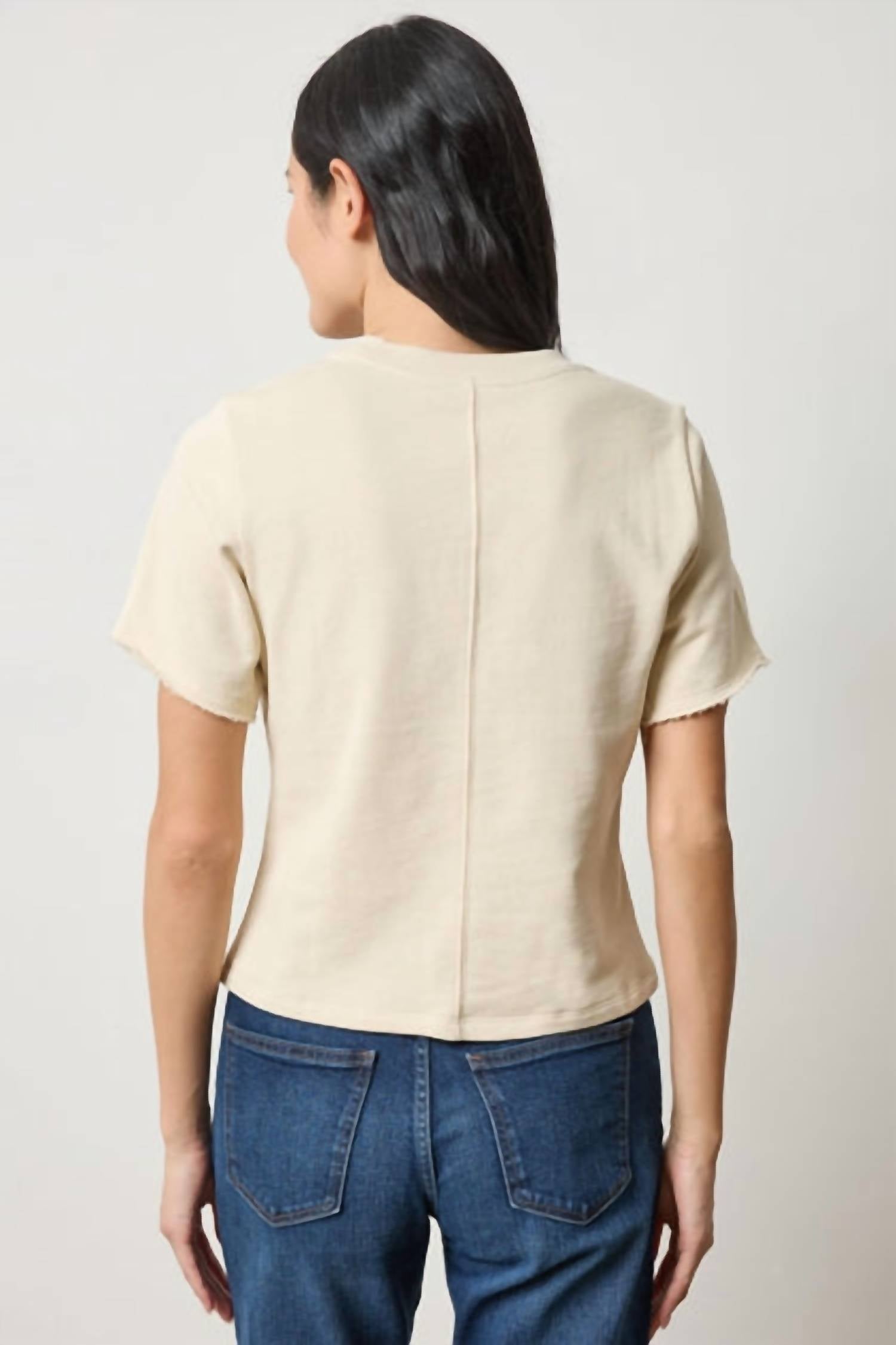 Lilla P Darted Elbow Sleeve Top in muslin - women's t-shirt - detail view