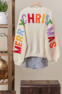 Mello - Christmas Lettering Patchwork V-neck Cardigan